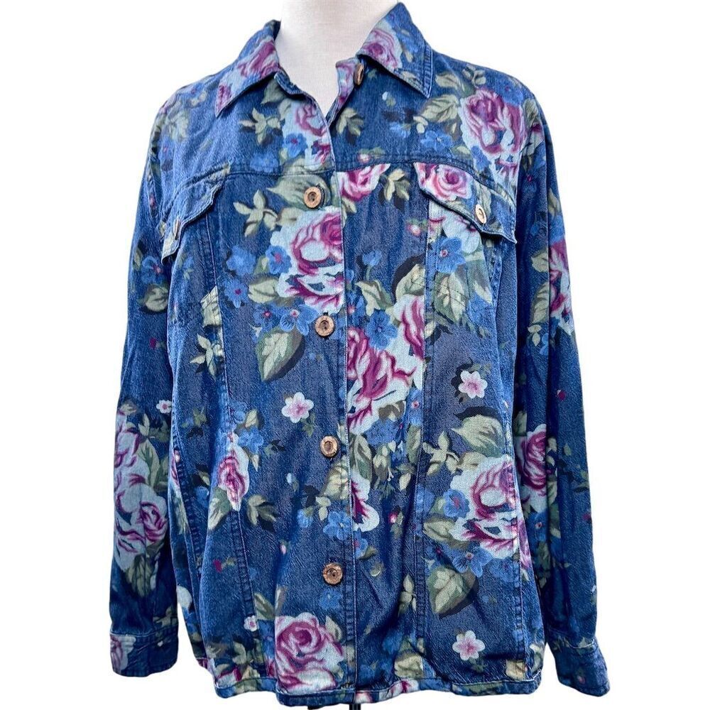 Sharon Anthony Women's 1X Floral Denim Jacket Blue Vintage Style